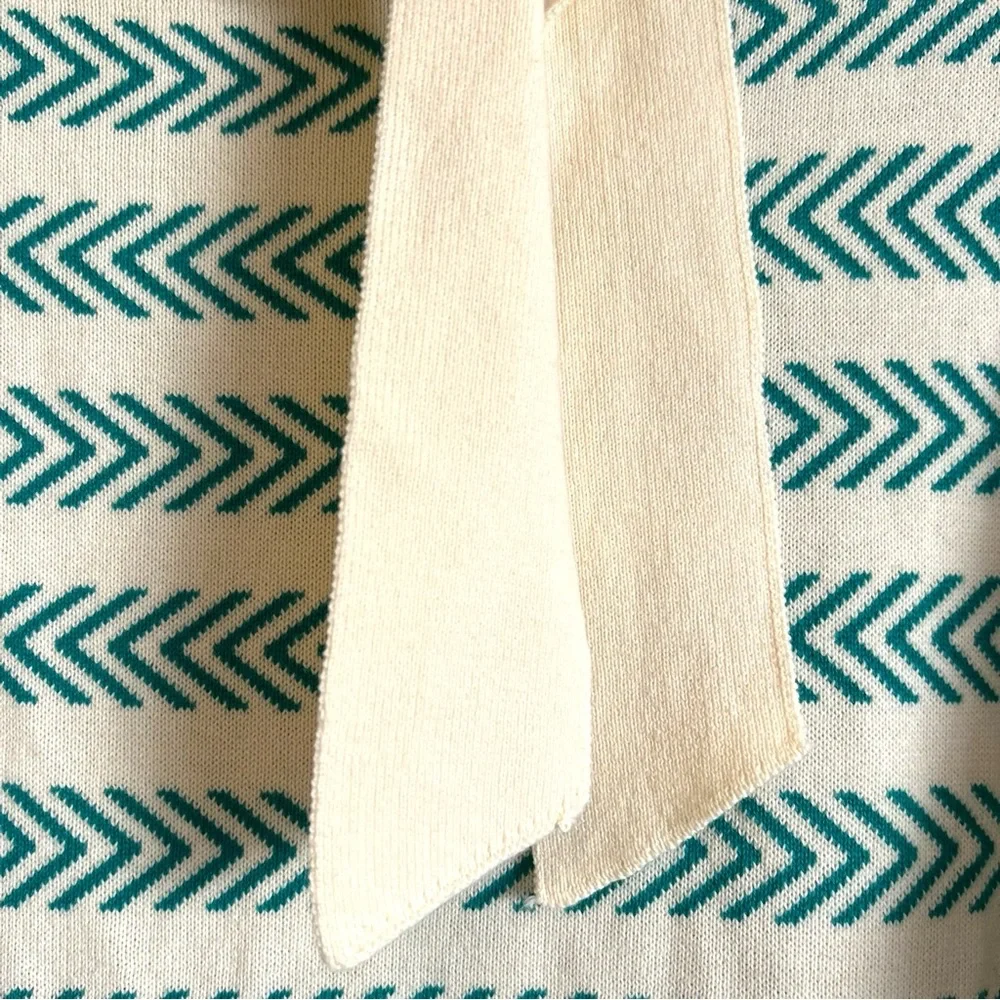 Oxknit Sweater Women’s XL 60s Retro Geo Mod Style Cotton Long Sleeve Teal Cream - Picture 9 of 16